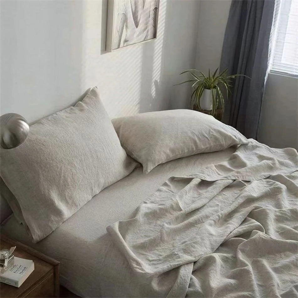 Pure Linen Bed Sheets Pillowcase Stone Washed France Linen Solid Color Breathable Home Textiles Bedding