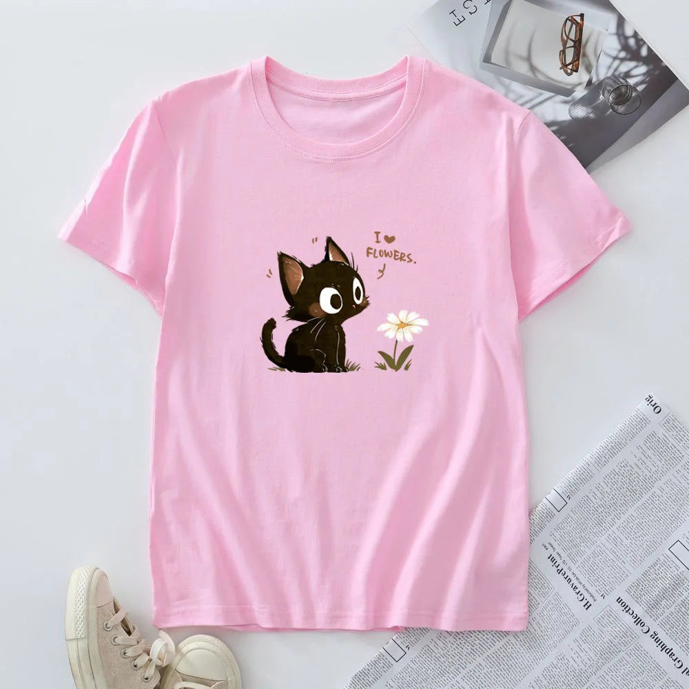 Tagless Cotton Graphic T-shirt - Harajuku Cat