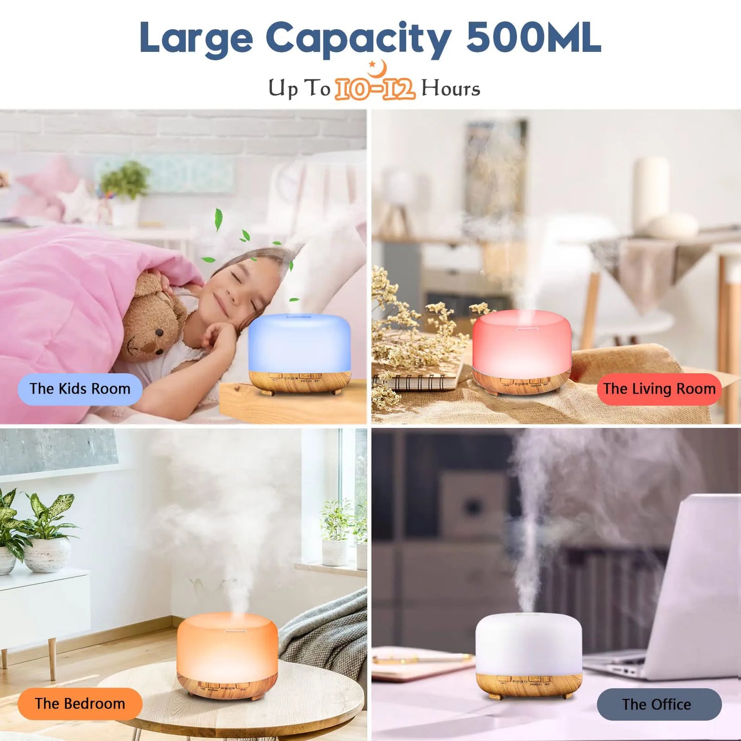 500ML Aroma Diffuser (Oils Optional), 5V 2A Essential Oil Aromatherapy Diffuser Humidifier with Remote Control for Home Office