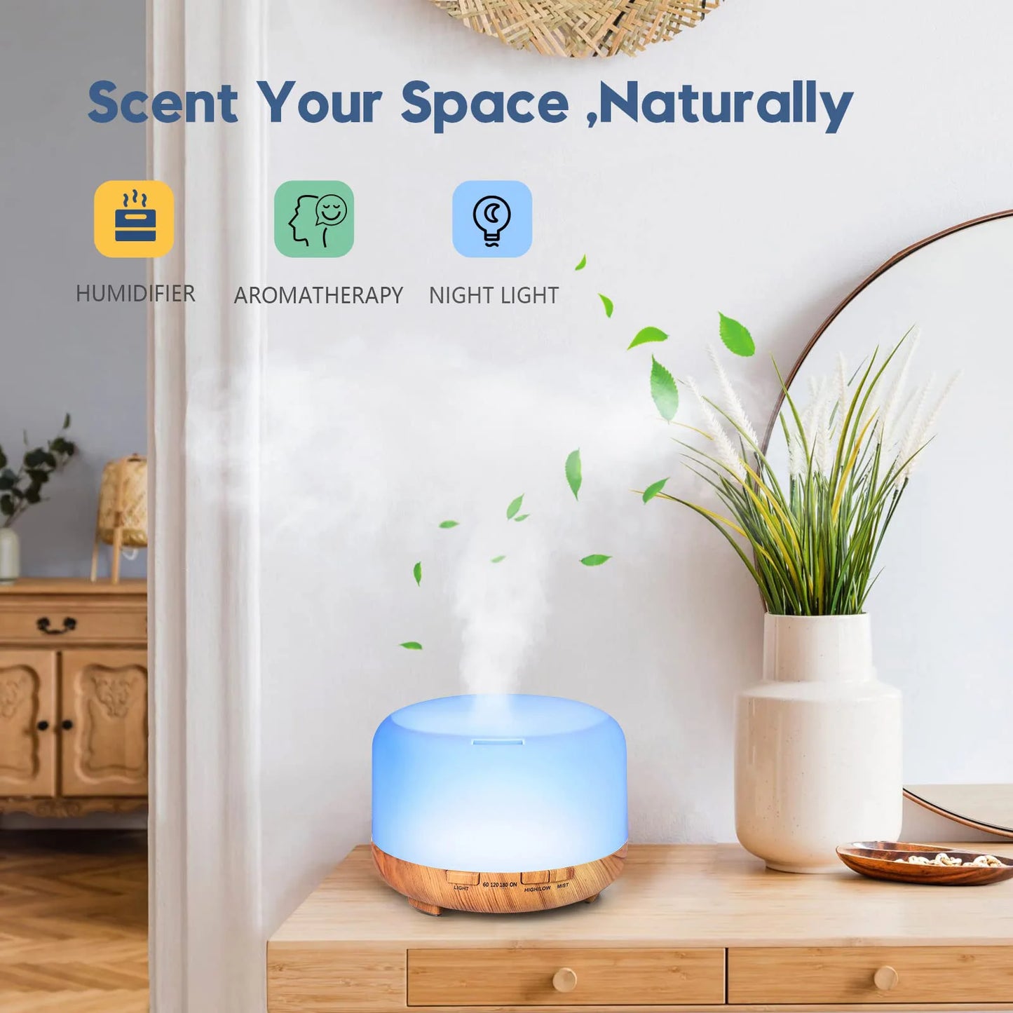 500ML Aroma Diffuser (Oils Optional), 5V 2A Essential Oil Aromatherapy Diffuser Humidifier with Remote Control for Home Office