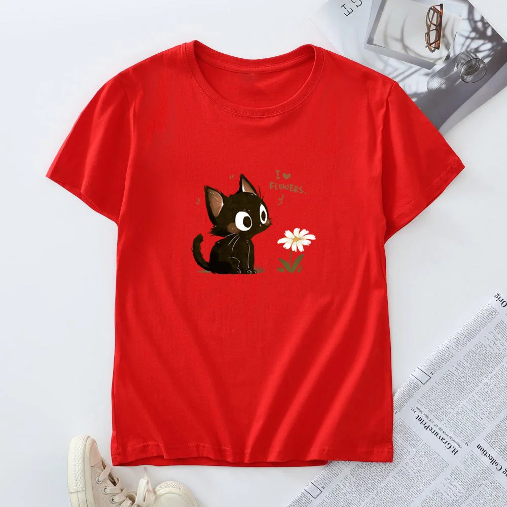 Tagless Cotton Graphic T-shirt - Harajuku Cat