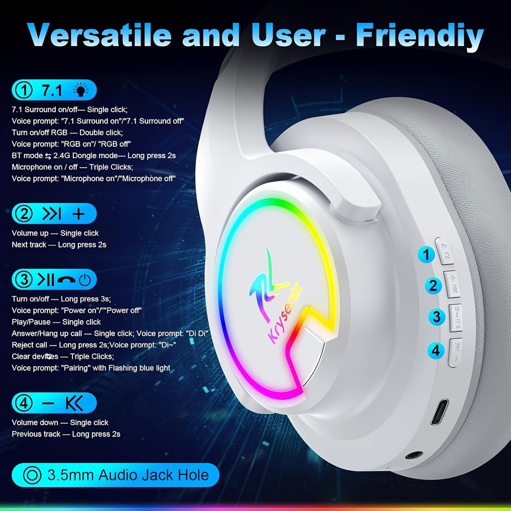 RGB Wireless Gaming Headset for PS FOUR, PS FIVE, PC - 2.4GHz 7.1 Surround Sound, ps five headset wireless BT Gaming Headphone with AI Detachable Noise Canceling Mic, 48-Hr Battery for Laptop, Switch, Mac, wireless gaming hea