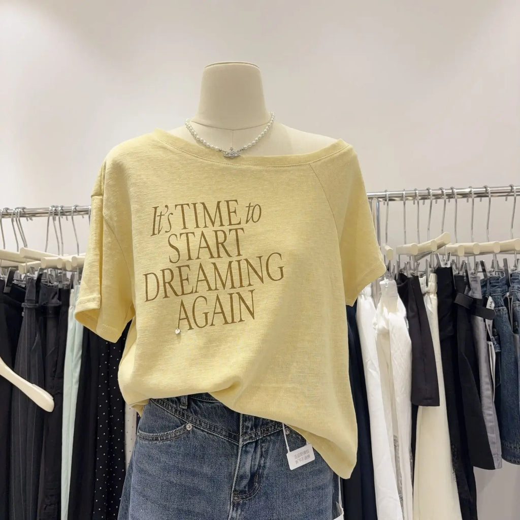 Trendy Off-shoulder Short-sleeve T-shirt for Women Made of Bamboo Cotton Loose and Slimming Base Layer Top