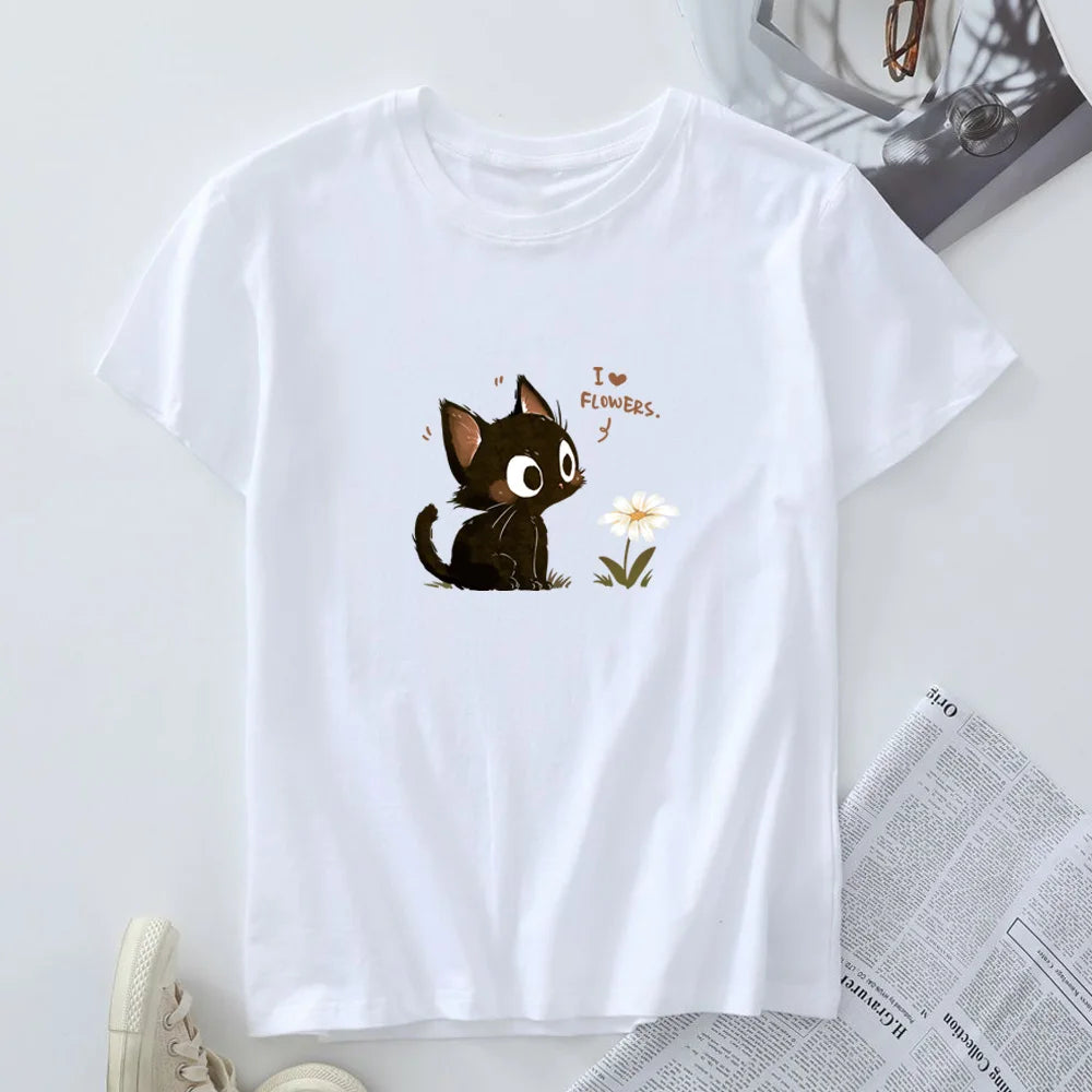 Tagless Cotton Graphic T-shirt - Harajuku Cat