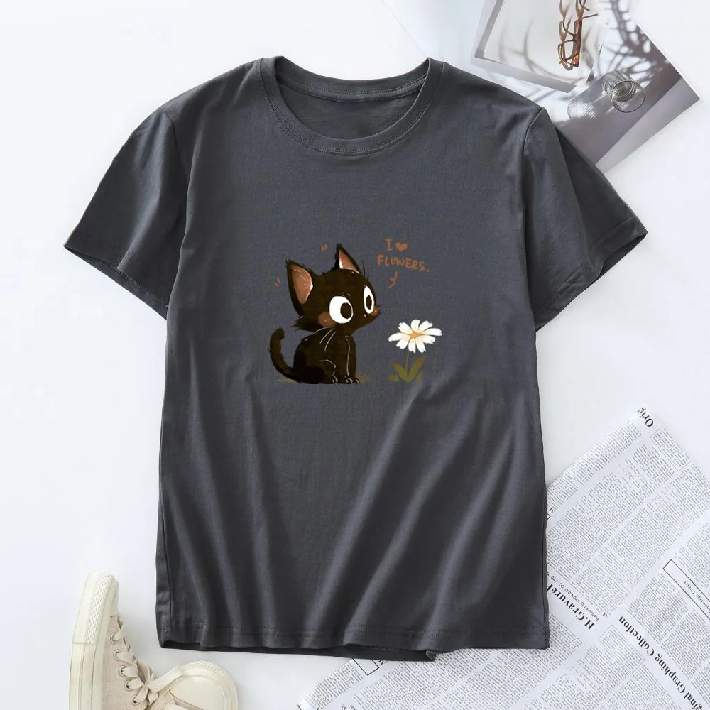 Tagless Cotton Graphic T-shirt - Harajuku Cat