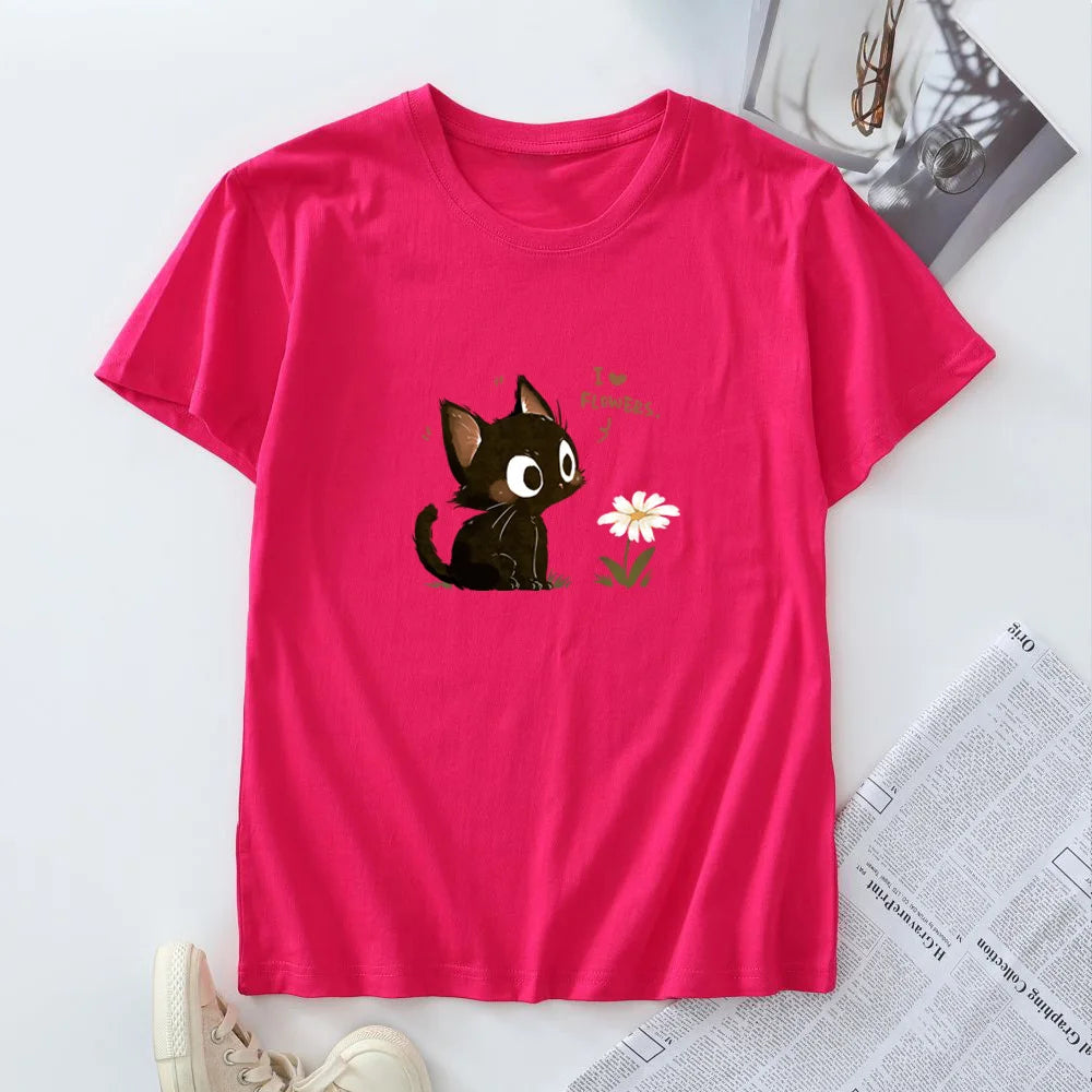 Tagless Cotton Graphic T-shirt - Harajuku Cat