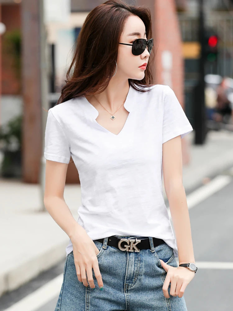 2025 Summer Bamboo Cotton T-Shirt Cotton Women V-Neck Soft Tshirts Female Basic Fashion Classic S-3XL Ladies Tops