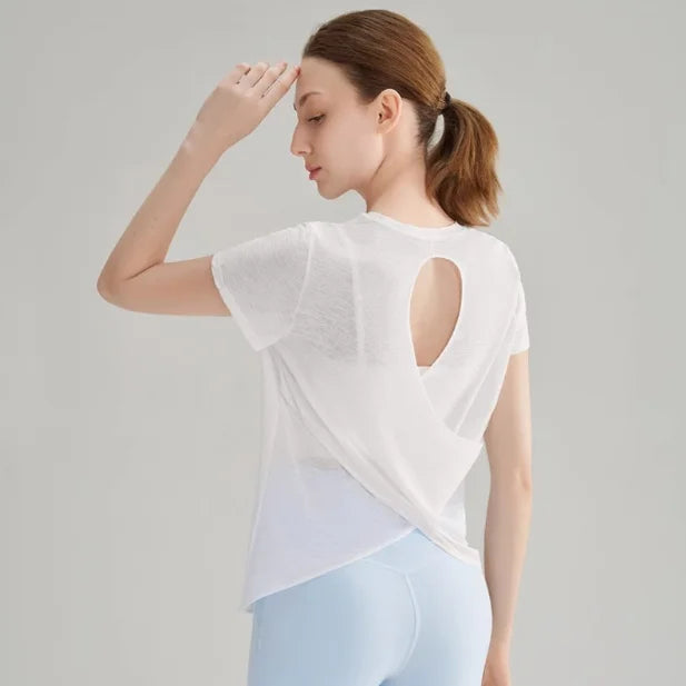 Bamboo Yarn Hollow Beautiful Back Sports T-shirt Yoga Clothes Tops Running Speed Drying Fitness Clothes Short-sleeved Shirt