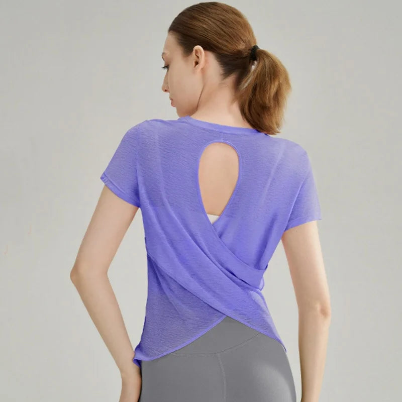 Bamboo Yarn Hollow Beautiful Back Sports T-shirt Yoga Clothes Tops Running Speed Drying Fitness Clothes Short-sleeved Shirt