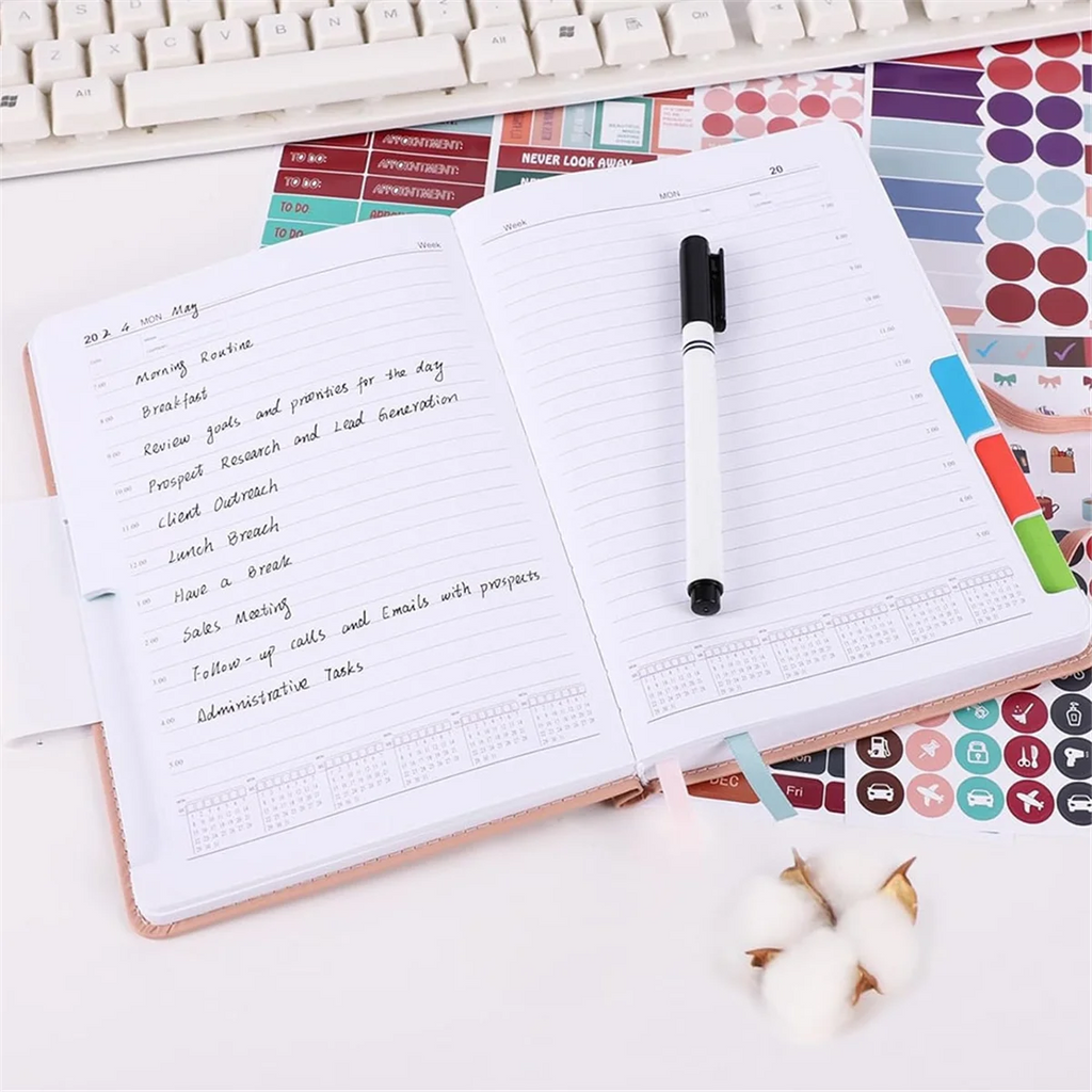 Thick Page, Leather Cover -Daily Planner with Planner Stickers