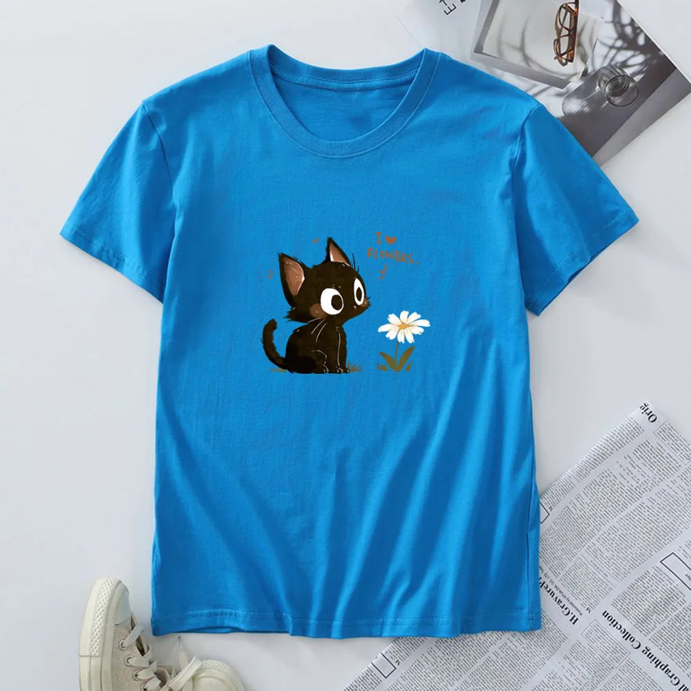 Tagless Cotton Graphic T-shirt - Harajuku Cat