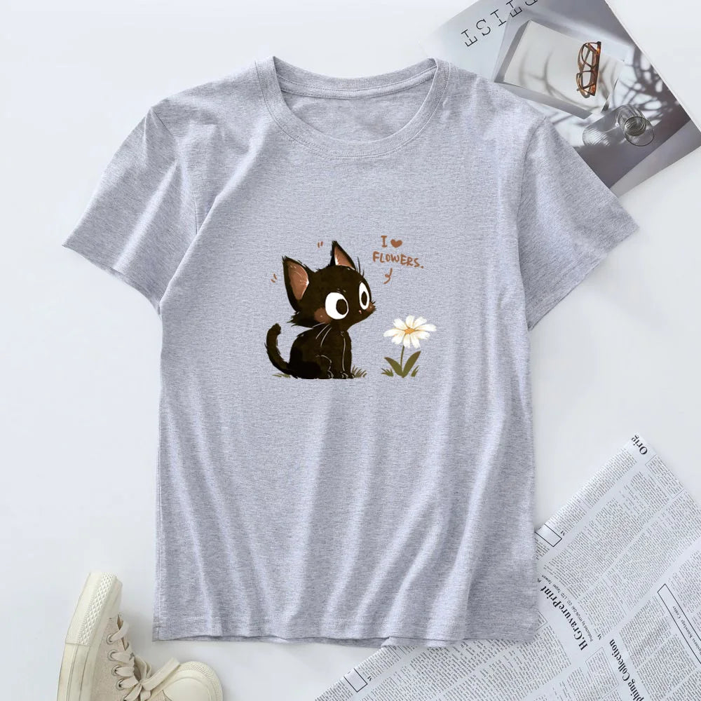 Tagless Cotton Graphic T-shirt - Harajuku Cat