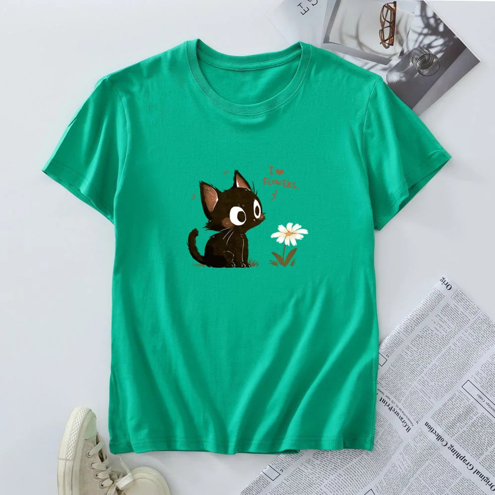Tagless Cotton Graphic T-shirt - Harajuku Cat
