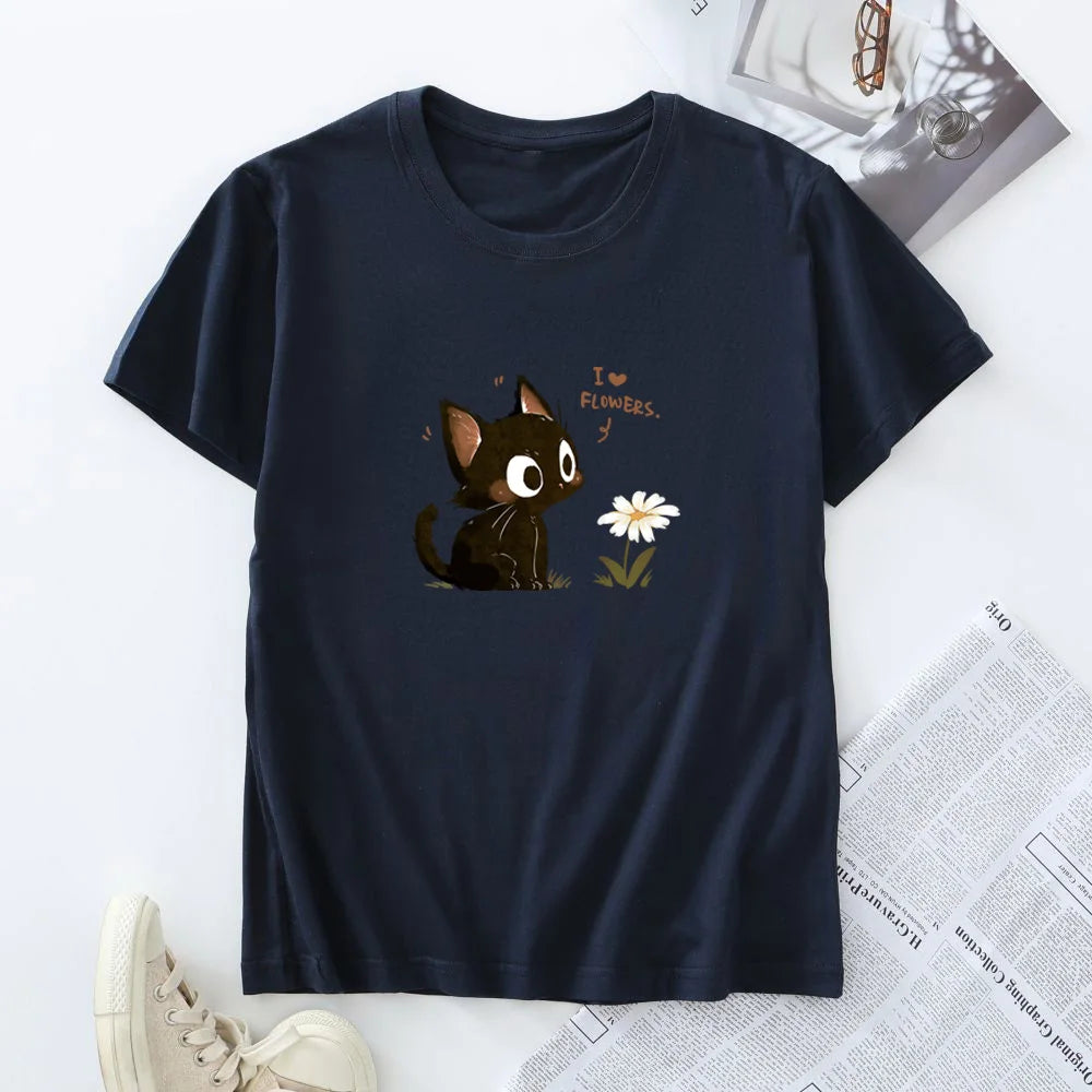 Tagless Cotton Graphic T-shirt - Harajuku Cat
