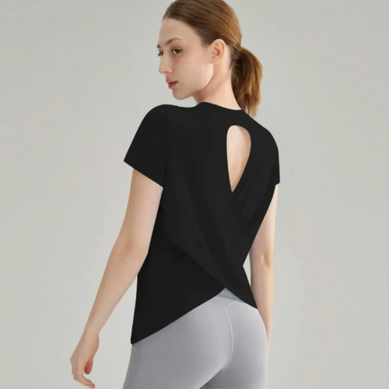 Bamboo Yarn Hollow Beautiful Back Sports T-shirt Yoga Clothes Tops Running Speed Drying Fitness Clothes Short-sleeved Shirt