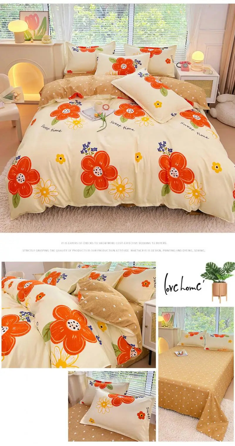 Nordic Thickened Brushed Bedding Sheet Sets Super Soft Skin Friendly Comforter Set Single Double Bed Linens for Four Seasons