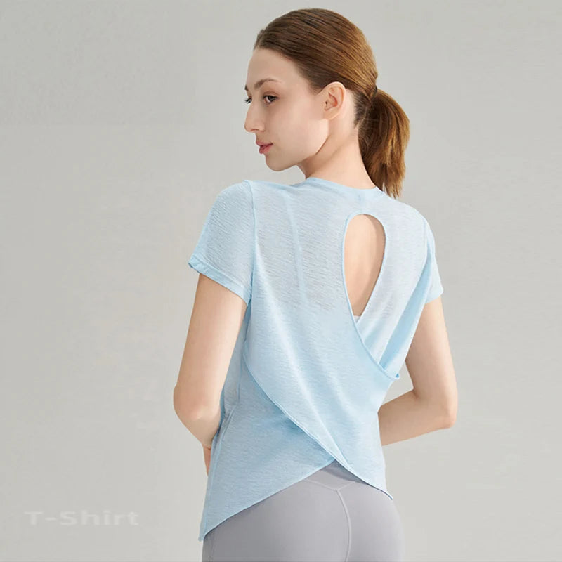 Bamboo Yarn Hollow Beautiful Back Sports T-shirt Yoga Clothes Tops Running Speed Drying Fitness Clothes Short-sleeved Shirt