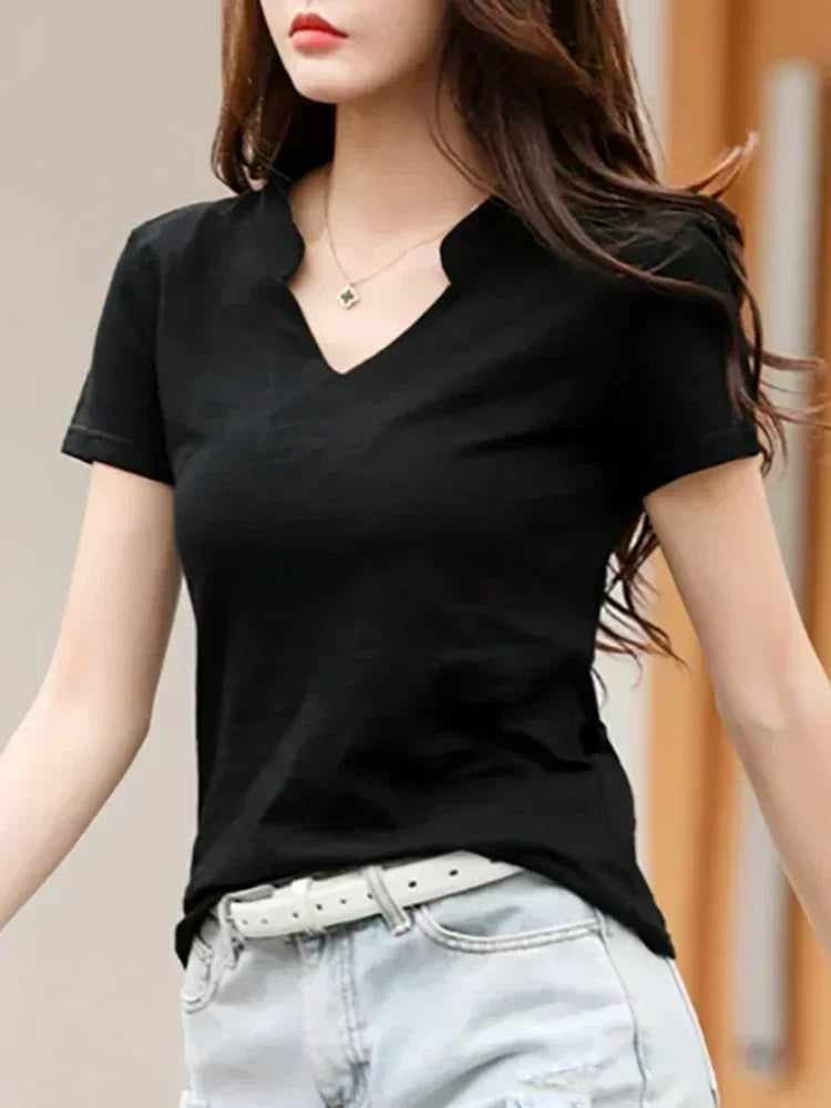 2025 Summer Bamboo Cotton T-Shirt Cotton Women V-Neck Soft Tshirts Female Basic Fashion Classic S-3XL Ladies Tops