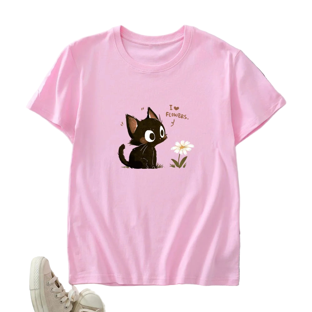 Tagless Cotton Graphic T-shirt - Harajuku Cat