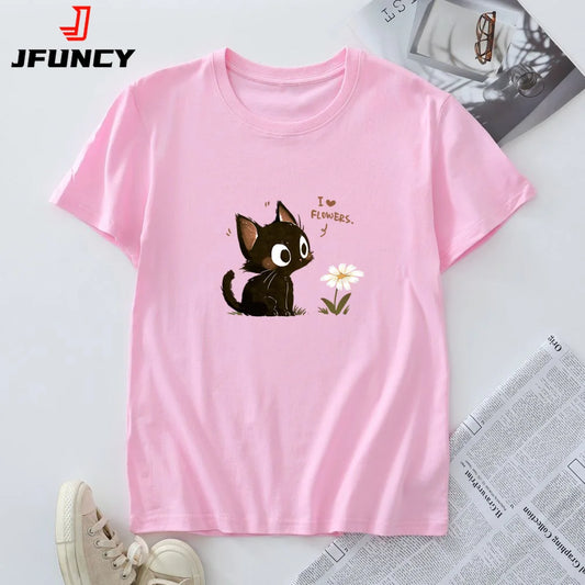 Tagless Cotton Graphic T-shirt - Harajuku Cat