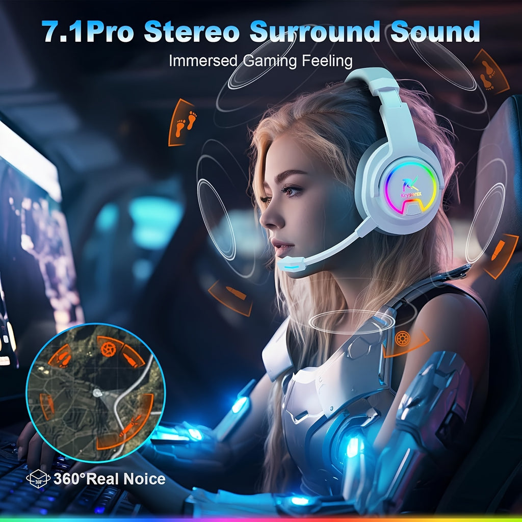 RGB Wireless Gaming Headset for PS FOUR, PS FIVE, PC - 2.4GHz 7.1 Surround Sound, ps five headset wireless BT Gaming Headphone with AI Detachable Noise Canceling Mic, 48-Hr Battery for Laptop, Switch, Mac, wireless gaming hea