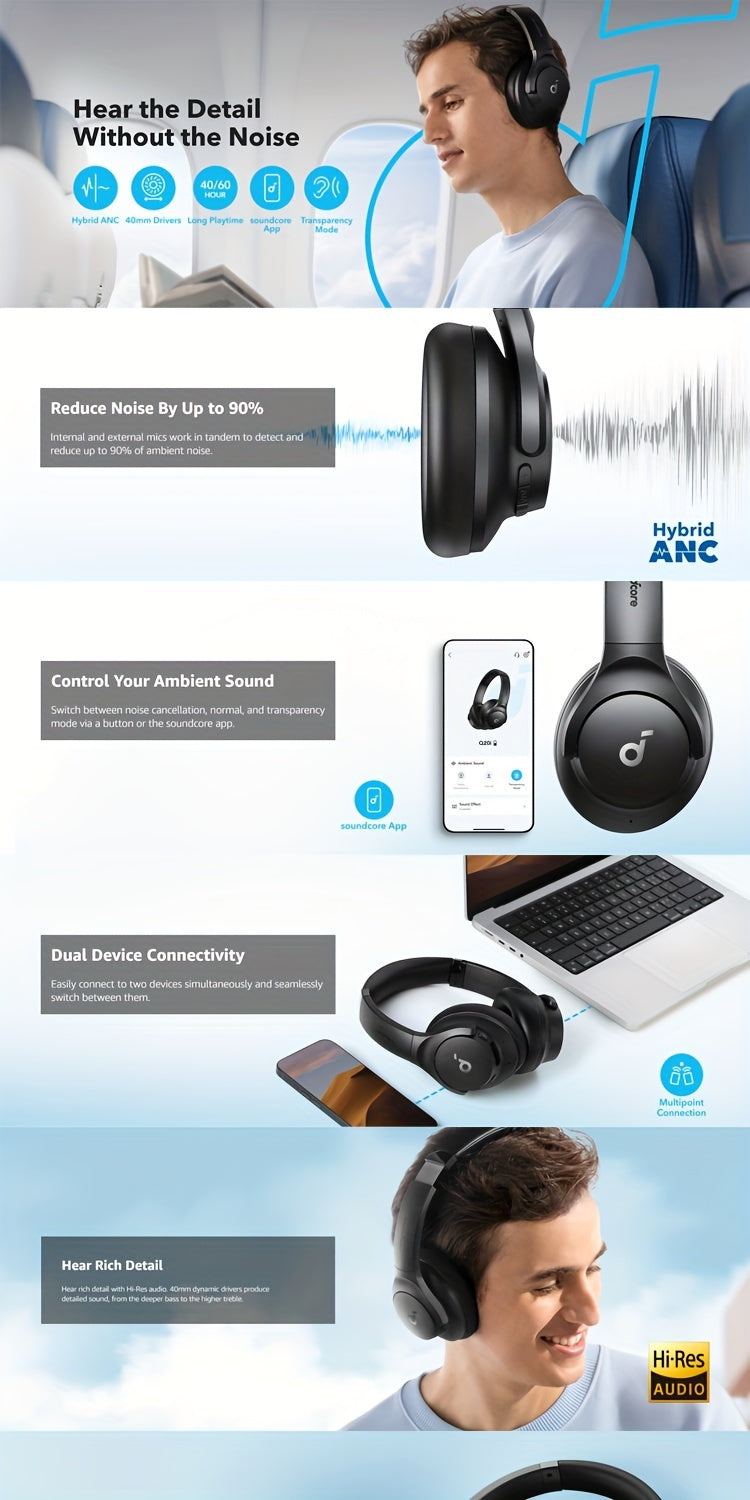 Soundcore Q20i Headphone Active Noise Canceling Wireless Earphones HIFI High Quality Sports Headset, Office, Workout, Study, Universal Mobile Phone Headphones