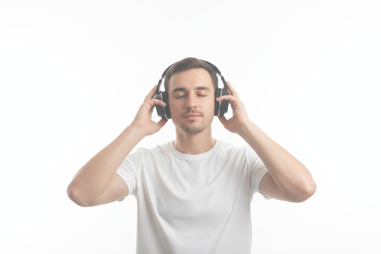 white background with a partially transparent image of a man standing and wearing a pair headphones on, with  left hand gentle touching left side of headphone and right hand gentle touching right side of headphone, he has his eyes closed and looks at peace and calm, he is wearing a whit tee shirt and this image is just from waist up. his image takes up 30% of the entire background
